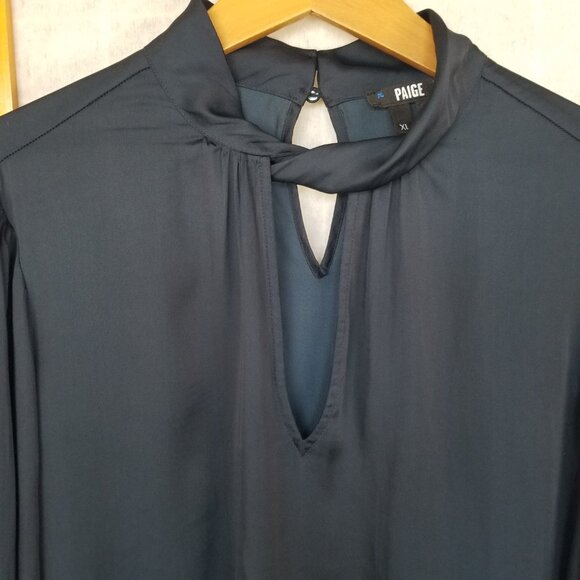 PAIGE Ceres Silky Satin Blouse Top Size XL Dark Navy Midnight Blue Long Sleeves - Picture 4 of 10